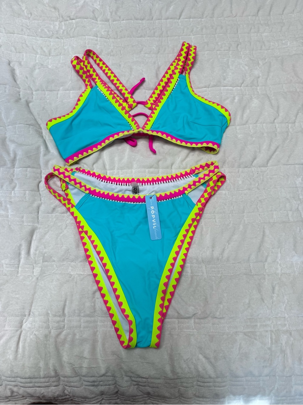 Bright Turquoise Bikini with Pink & Yellow Trim